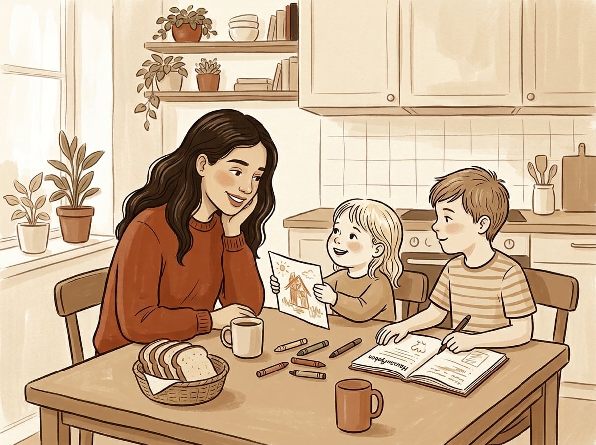 Illustration: Au-pair malt mit zwei Kindern am Küchentisch
