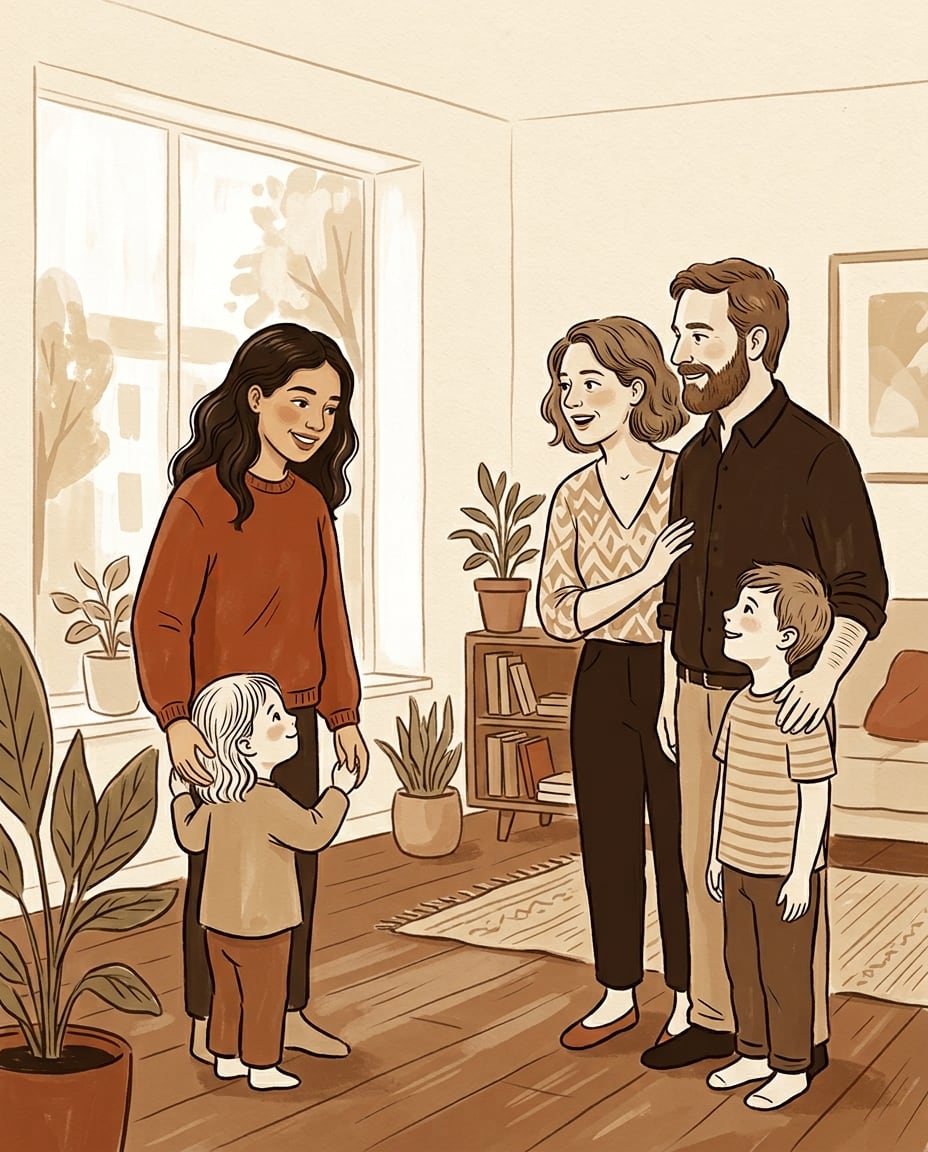 Illustration: Au-pair aus Lateinamerika wird von einer deutschen Gastfamilie im Wohnzimmer begrüßt